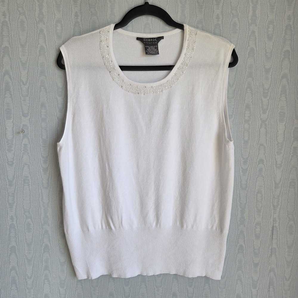 Vtg Y2K George Womens XL Sweater Vest Sleeveless Beaded White Crew Neck‎